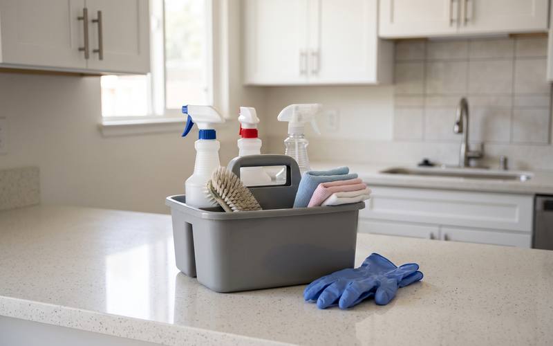 Illustration of a cleaning caddy with spray bottles and folded cloths on a kitchen counter