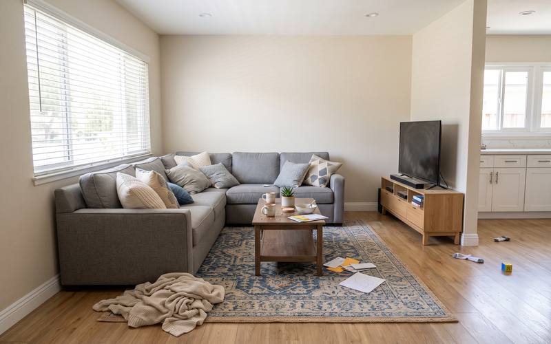 Illustration of the same family living room before cleaning