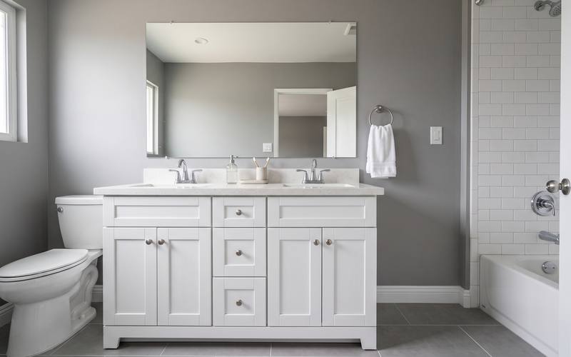 Illustration of a hall bathroom with a double vanity after a regular house cleaning