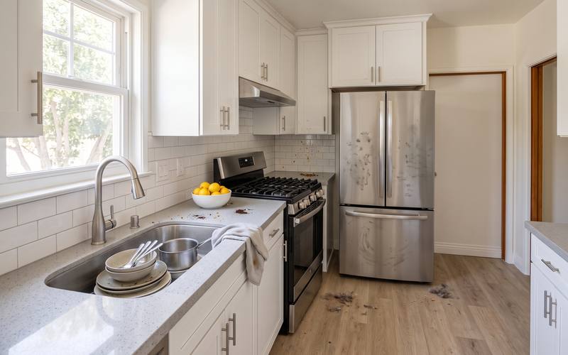 Illustration of the same kitchen before cleaning