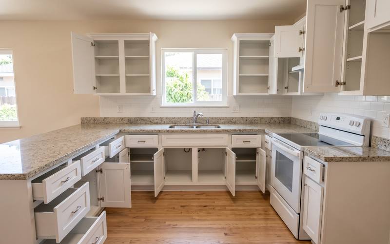 Illustration of an empty kitchen with every cabinet open after a move out cleaning