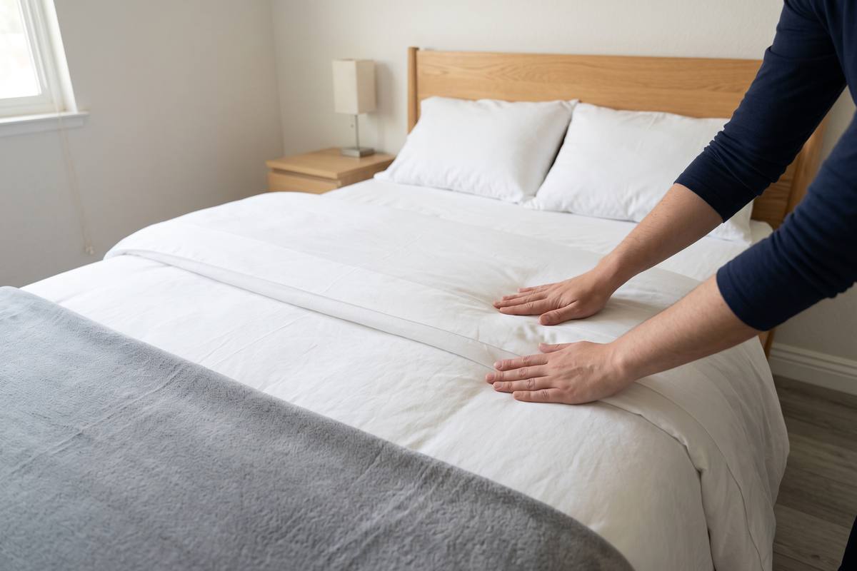Illustration of hands smoothing a freshly made bed