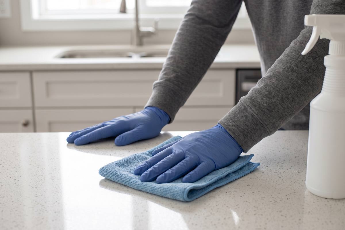 Illustration of gloved hands wiping a kitchen counter with a microfiber cloth