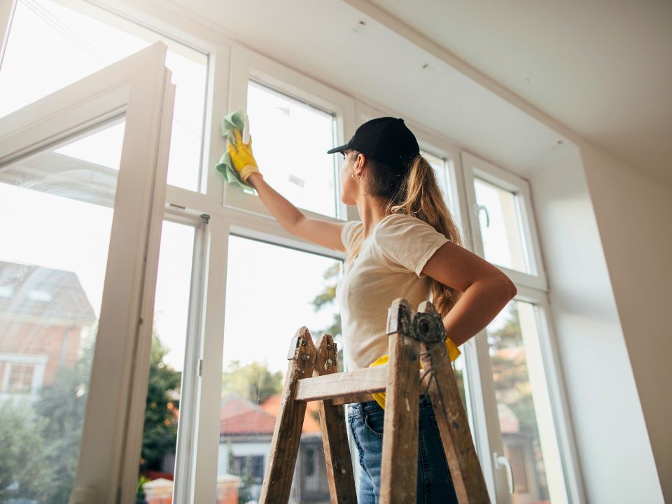 Cleaning professional performing deep cleaning in Winnetka, CA. Wiping a window with yellow gloves as part of a thorough cleaning service.